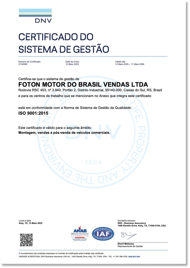 ​​Foton Motors Brasil obtiene certificación ISO 9001: un hito en la estrategia local​​